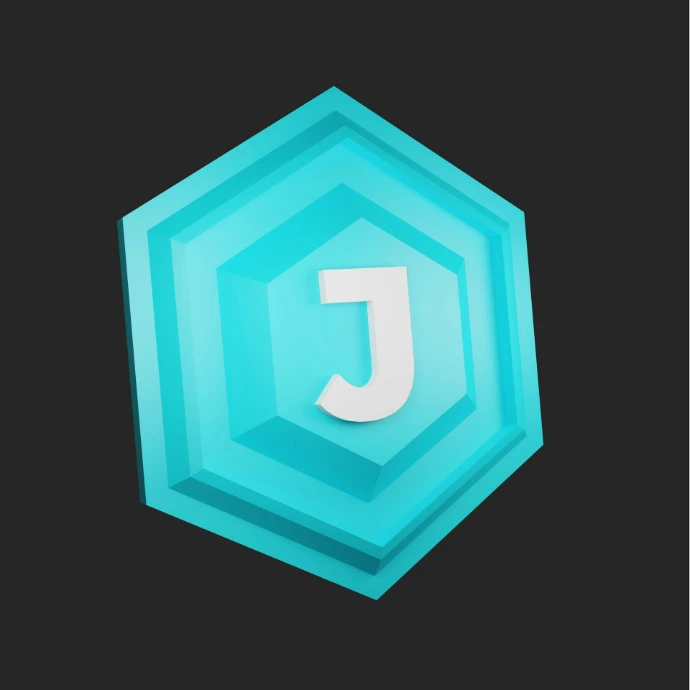a blue hexagonal object with the letter j on it